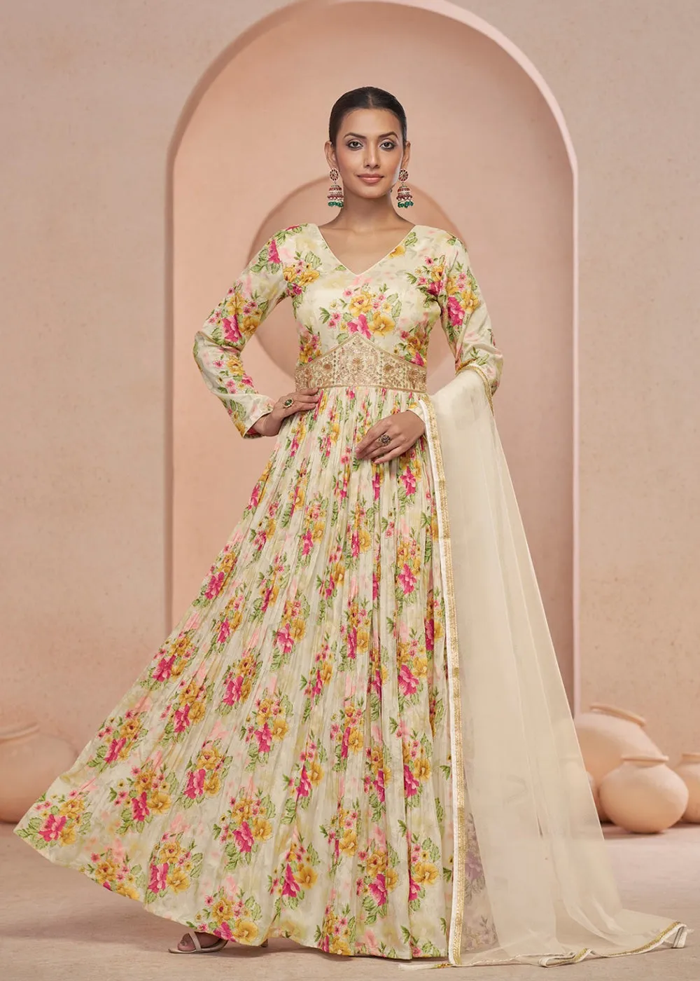 Digital Printed Off White Embroidered Wedding Anarkali Gown