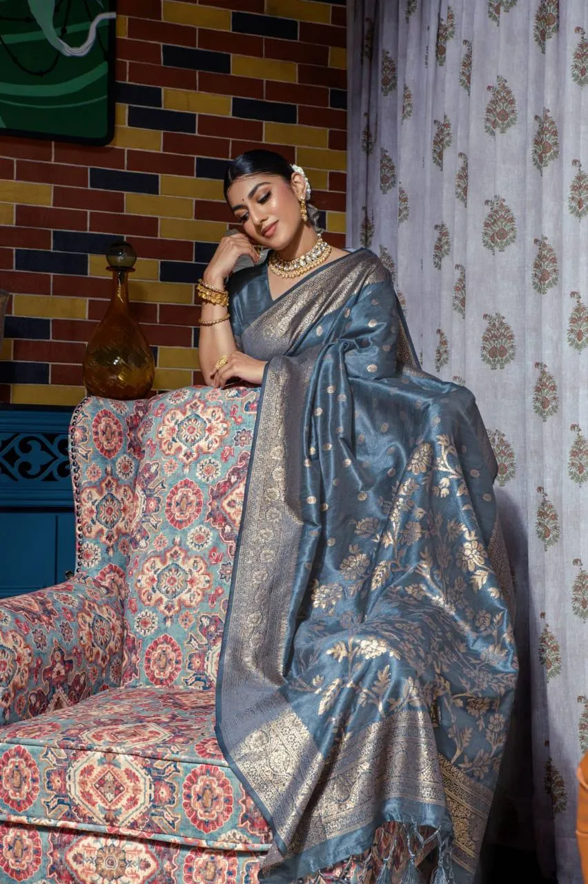 Grey Banarasi Raw Silk Saree