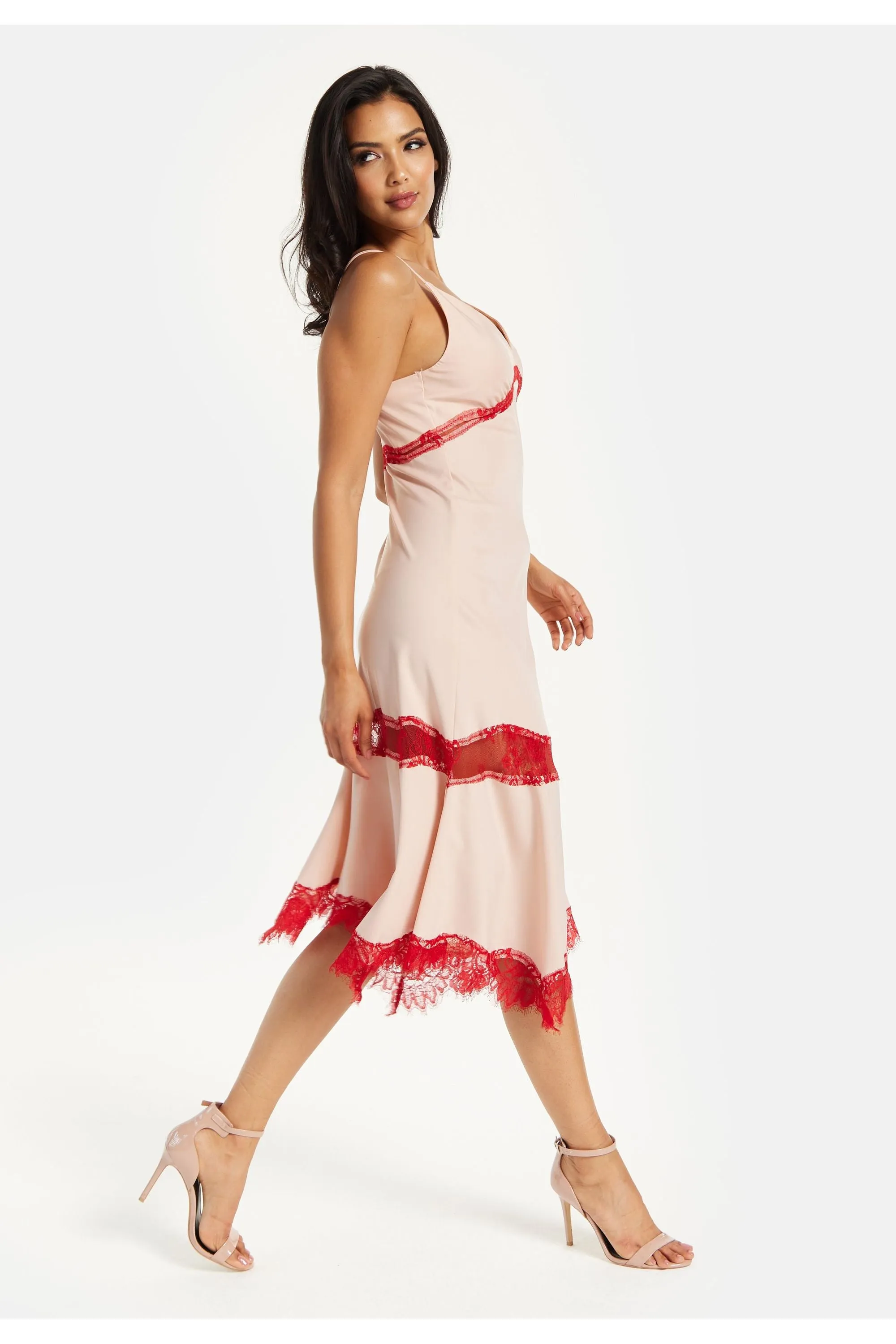 Liquorish Elegant Pink Midi Dress With Lace Details