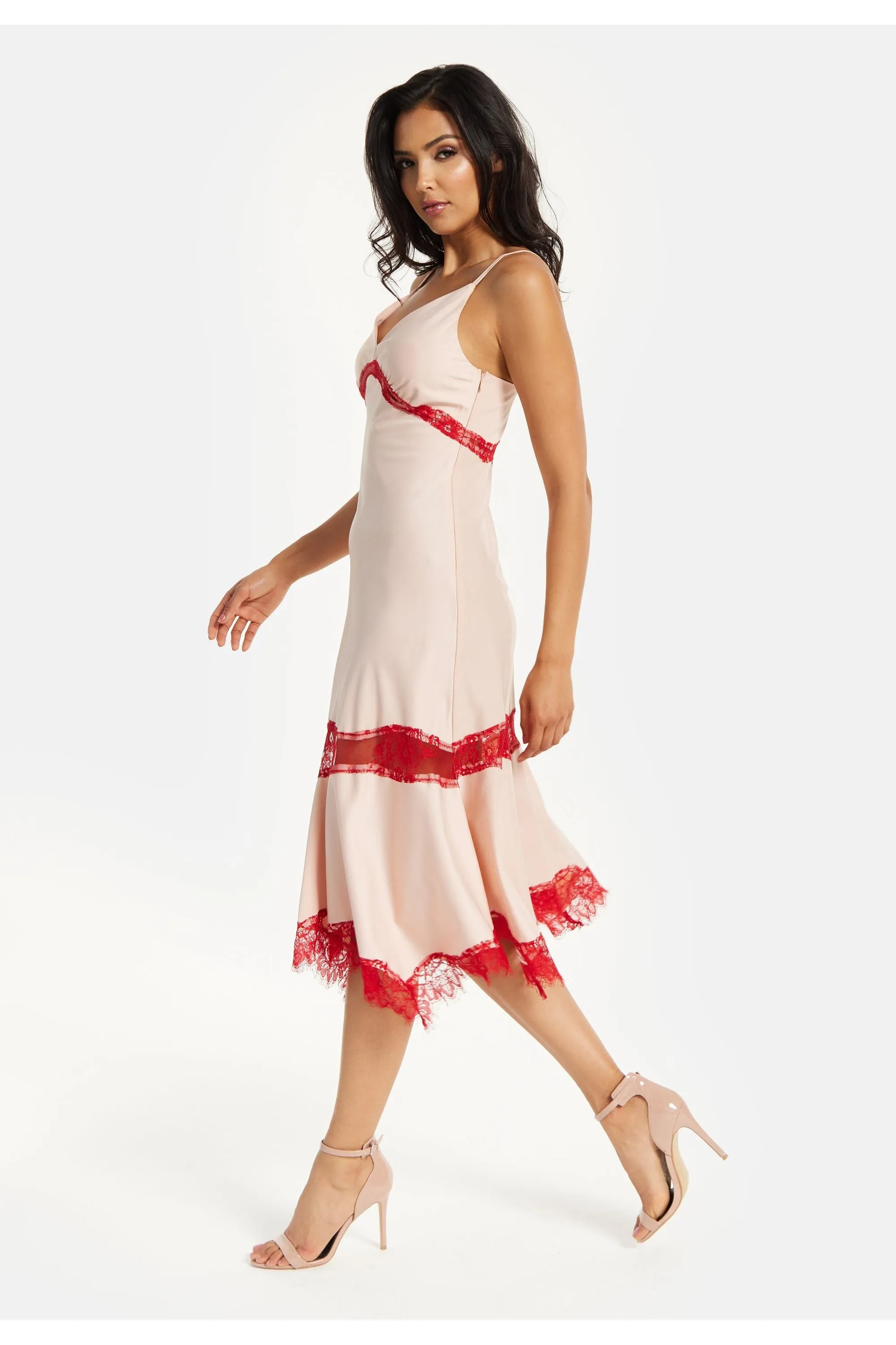 Liquorish Elegant Pink Midi Dress With Lace Details