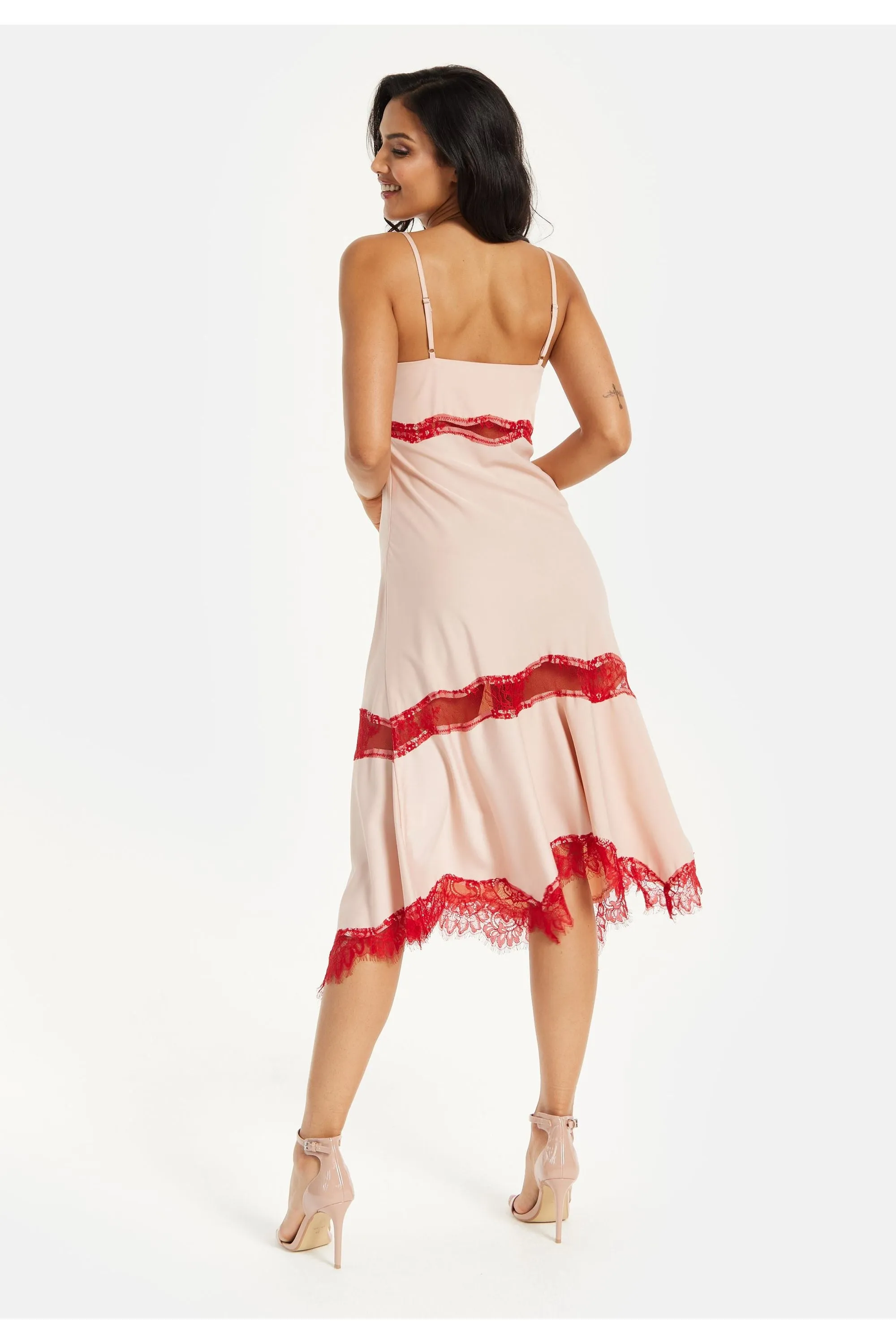 Liquorish Elegant Pink Midi Dress With Lace Details
