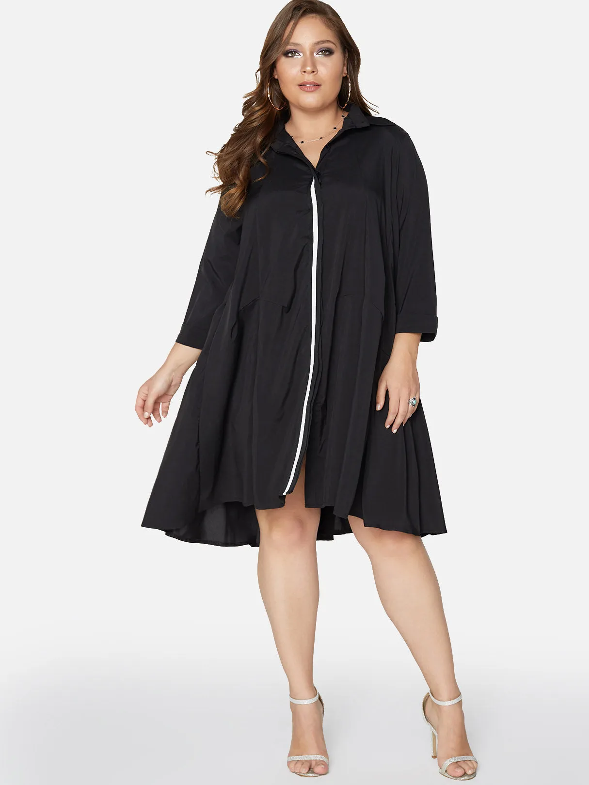 OEM ODM Classic Collar Plain Pleated Long Sleeve Black Plus Size Dresses