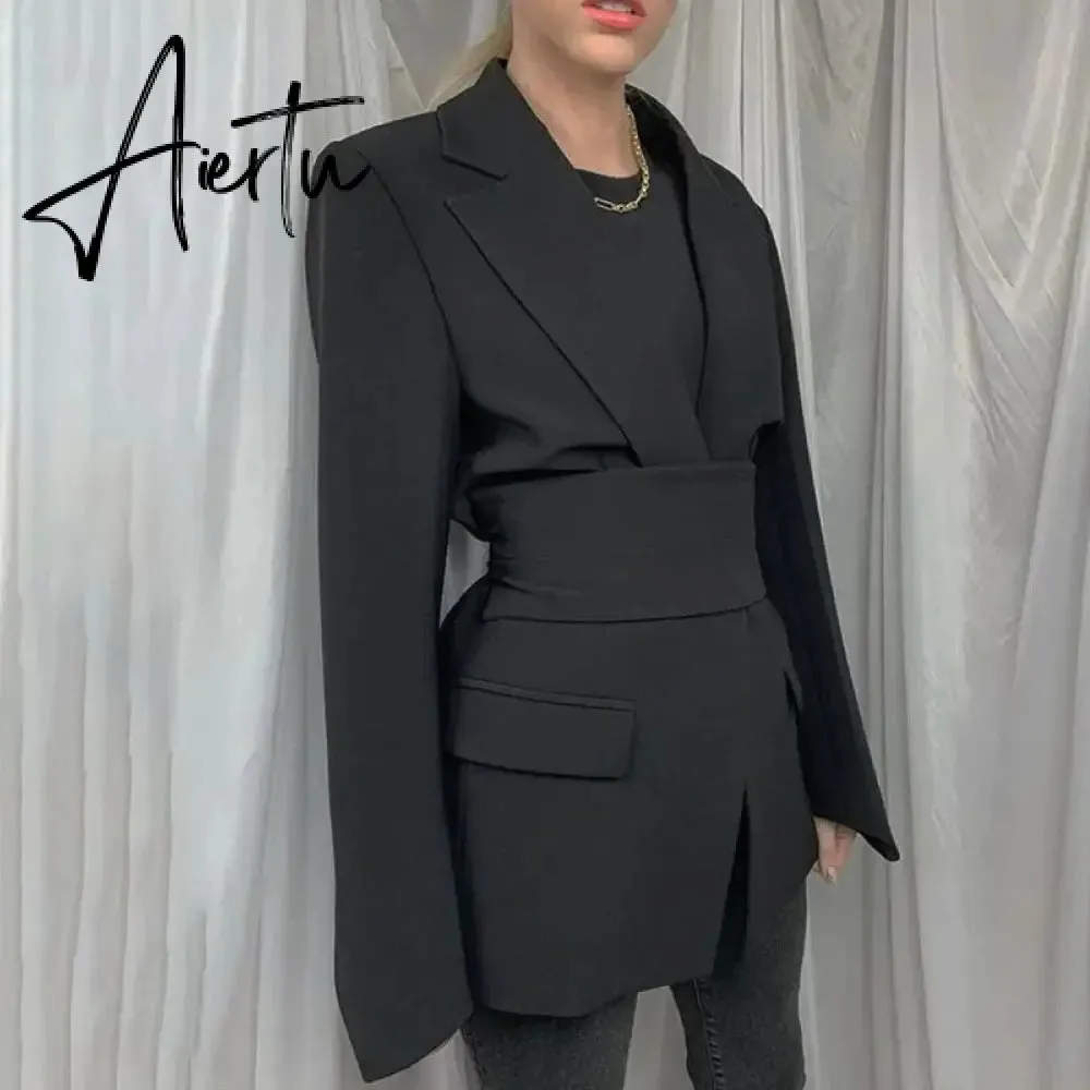 Office Ladies Blazer Dress Women Suits with Belt Outerwear Women's Jackets Long Sleeve Elegant White Black Jacket Female